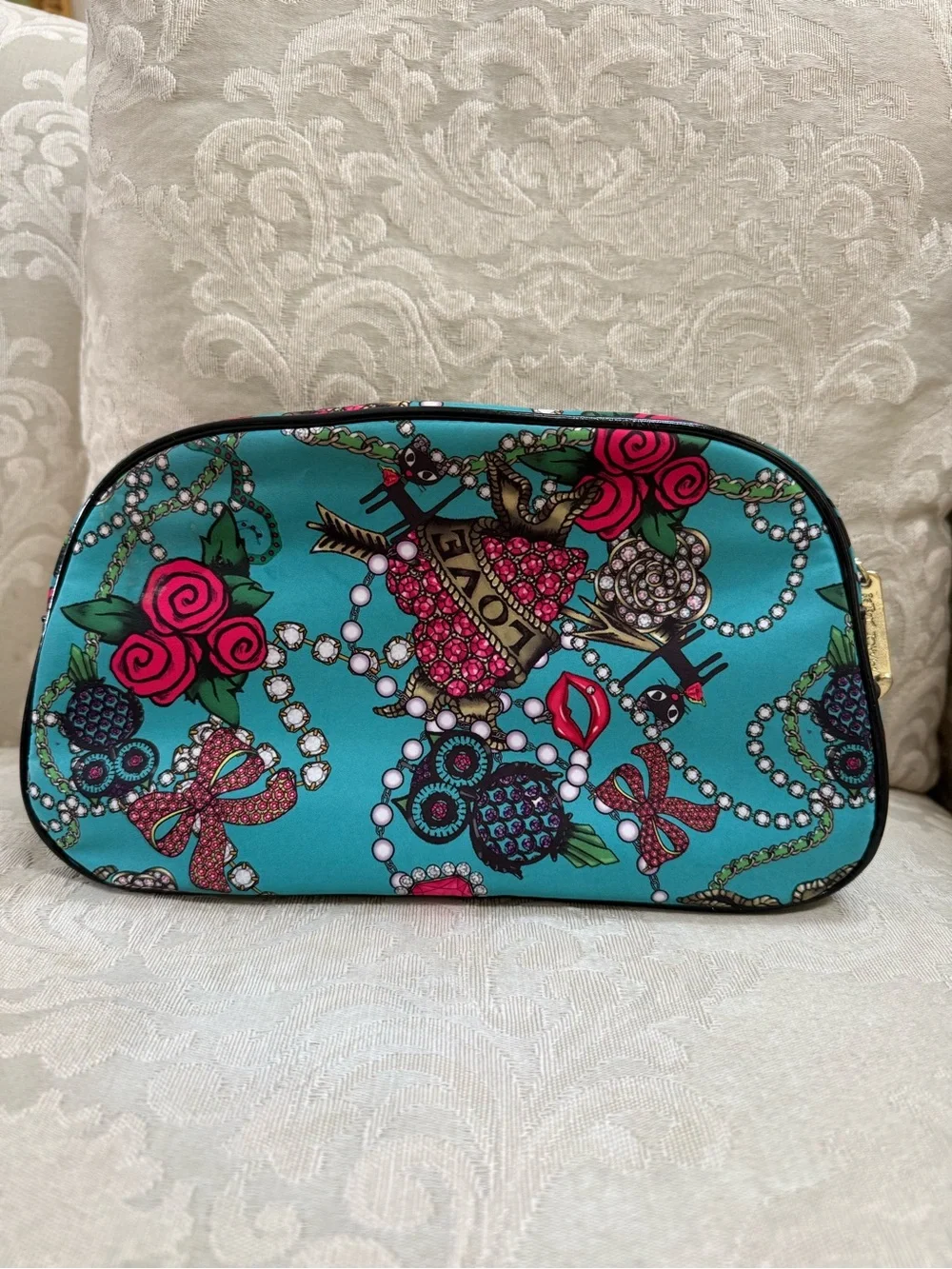 Betsey Johnson Teal Printed Cosmetic Case with Jewel & Rose Motif